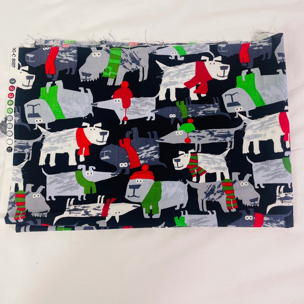 Winter Dog Scarf Hat Cotton Quilting Fabric Navy Blue Holiday Print DG-C 8107